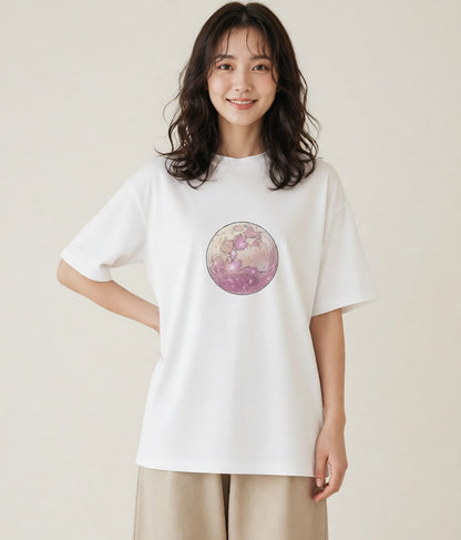 半袖Tシャツ レディース 満月 星空 宇宙 イラスト きれいめ ママ カフェ服 白T YMAZO