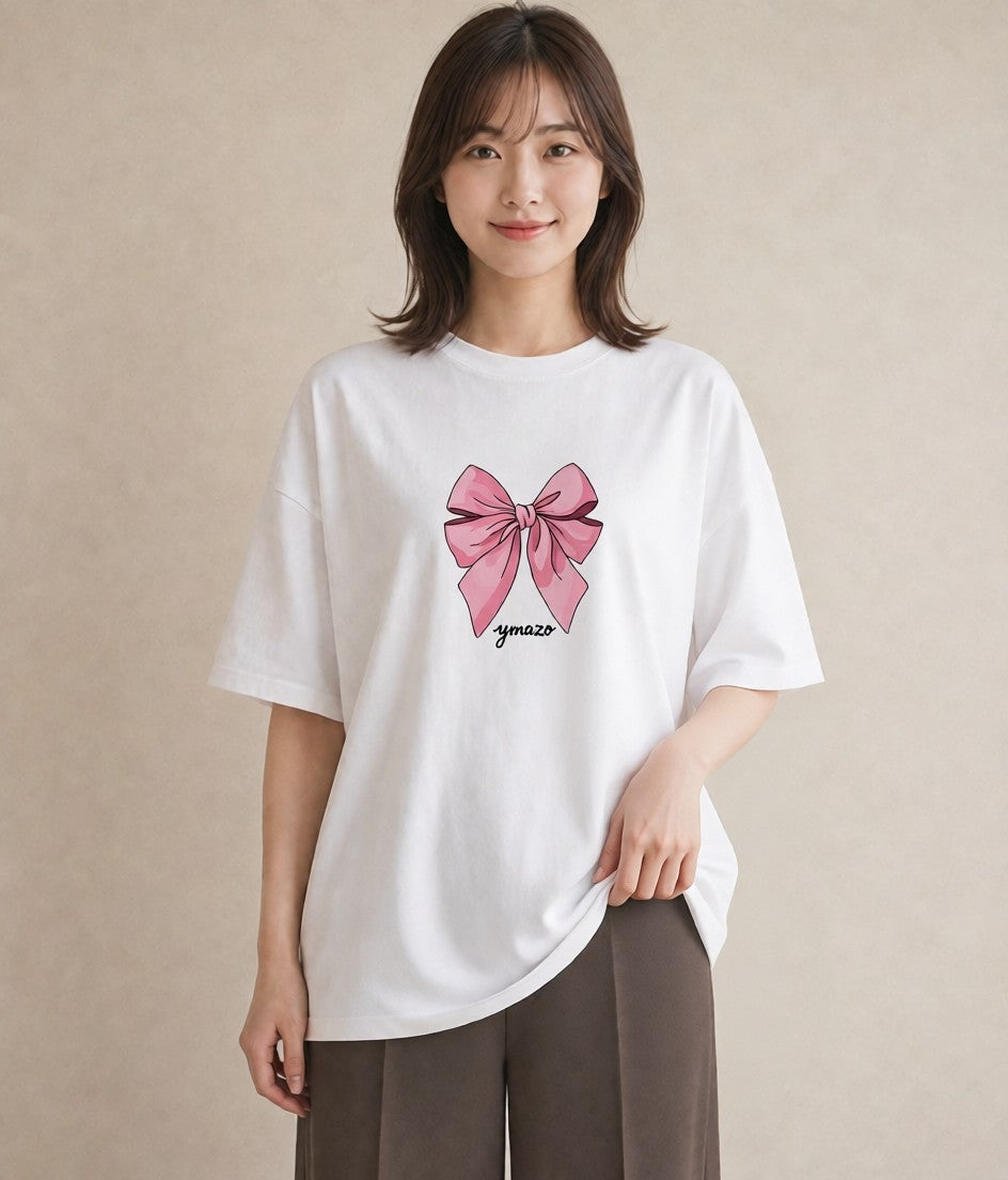 Tシャツ レディース リボン 蝶結び ナチュラル アンティーク イラスト ヴィンテージ風 女性 旅行用 白T YMAZO