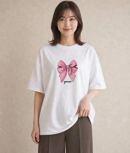 Tシャツ レディース リボン 蝶結び ナチュラル アンティーク イラスト ヴィンテージ風 女性 旅行用 白T YMAZO