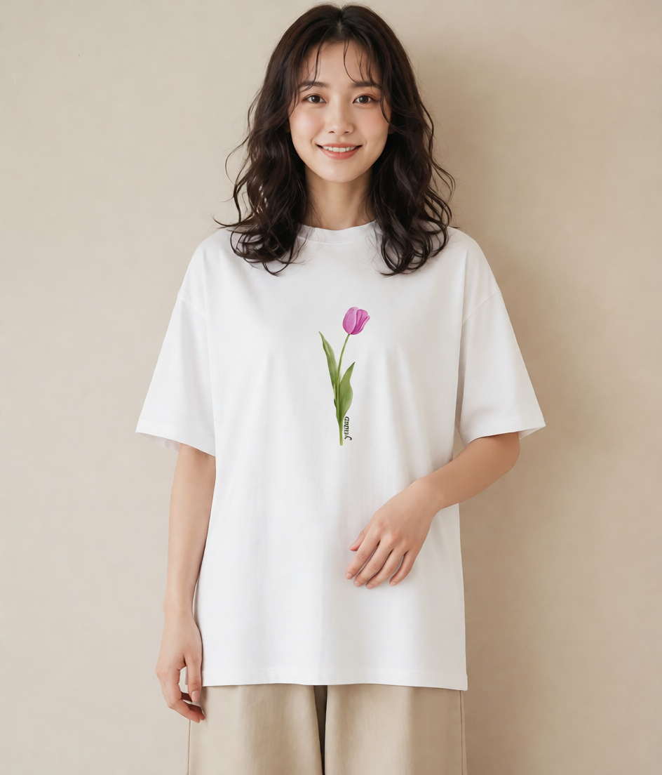 半袖Tシャツ レディース チューリップ 花 花柄 イラスト 線画 買い物 夏コーデ 白T
