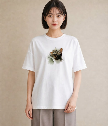 プリントTシャツ レディース 猫 ねこ イラスト 上品 おしゃれギフト 社会人 白T YMAZO