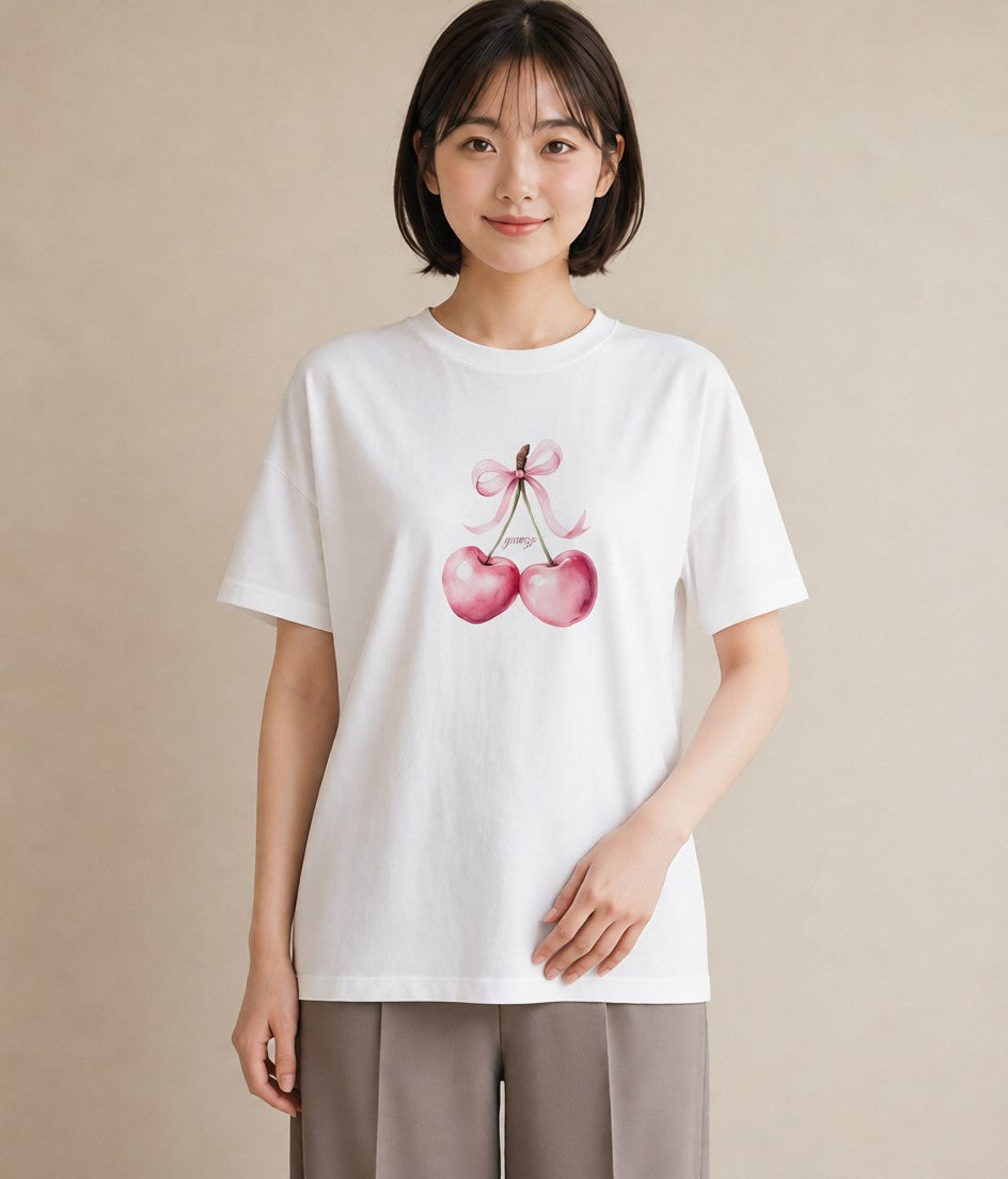グラフィックTシャツ レディース さくらんぼ チェリー 食べ物 フード イラスト シック クリスマス 旅行 白T YMAZO