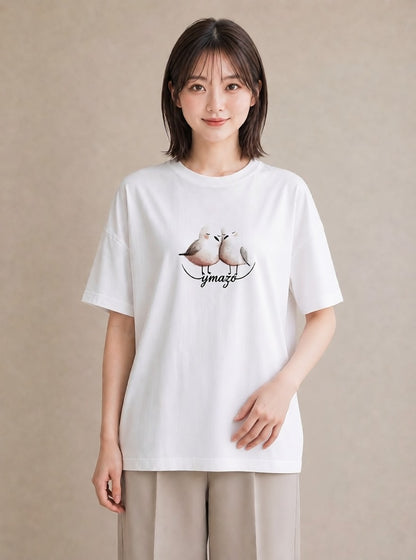 Tシャツ レディース 遠い家と鳥 風景 鳥 ナチュラル アンティーク イラスト 普段使い 誕生日プレゼント 綿100 白T YMAZO