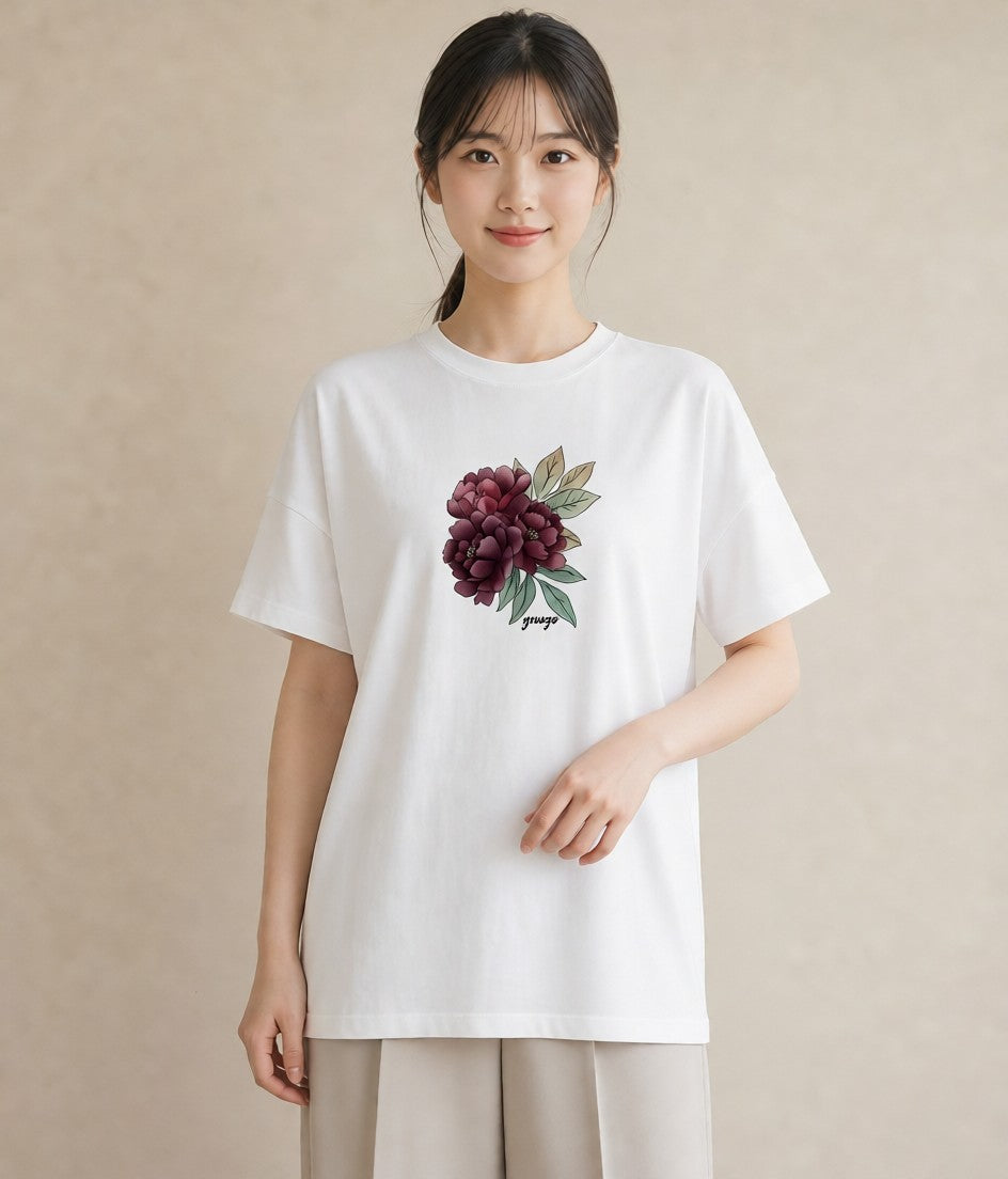 半袖Tシャツ レディース 牡丹 花 花柄 イラスト モード ラフ レイヤード 白T YMAZO