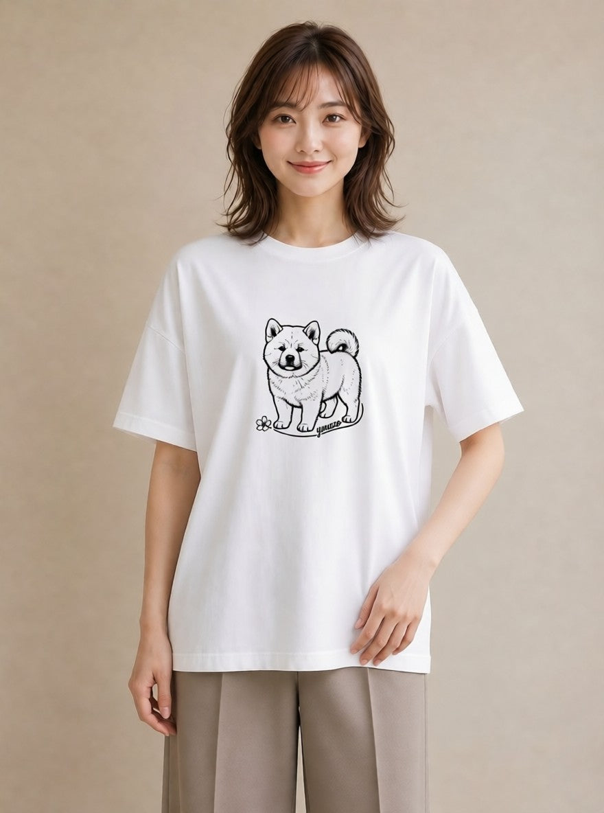 プリントTシャツ レディース 秋田犬 犬 いぬ イラスト ボタニカル 在宅 公園 白T YMAZO