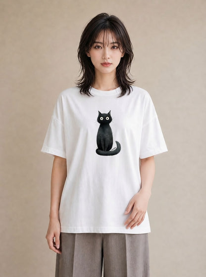 デザインTシャツ レディース 黒猫 猫 ねこ イラスト ナチュラル ママ カフェ服 白T YMAZO