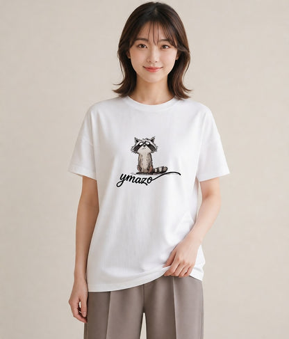デザインTシャツ レディース たぬき 動物 アニマル イラスト シック デイリーウェア 休日 白T YMAZO