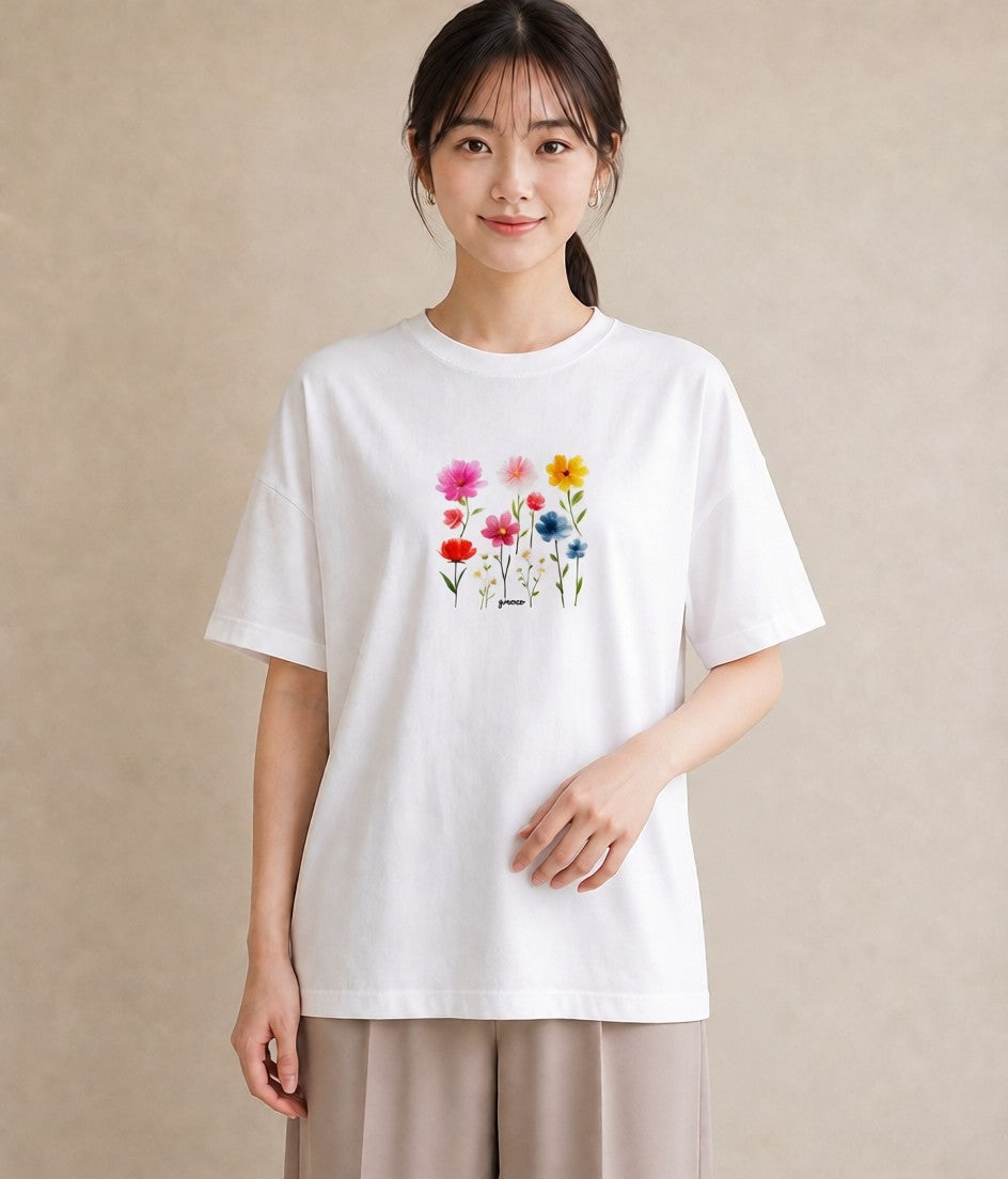 プリントTシャツ レディース コスモス 秋桜 花 花柄 イラスト ニュアンス レイヤード 友達ギフト 白T YMAZO