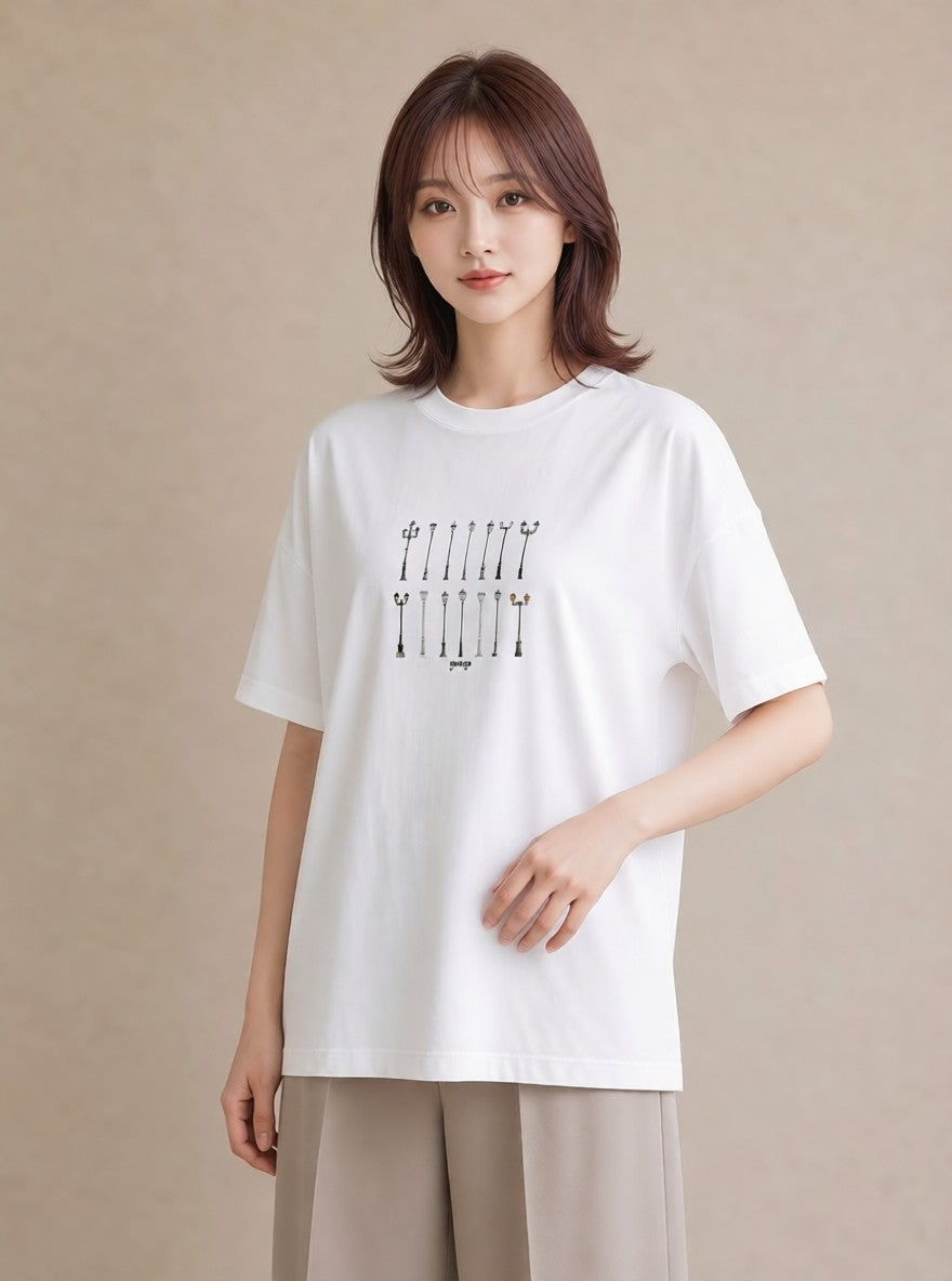 Tシャツ レディース 街灯 夜霧 夜 ナチュラル アンティーク イラスト きれいめカジュアル 夏コーデ 通学 白T YMAZO