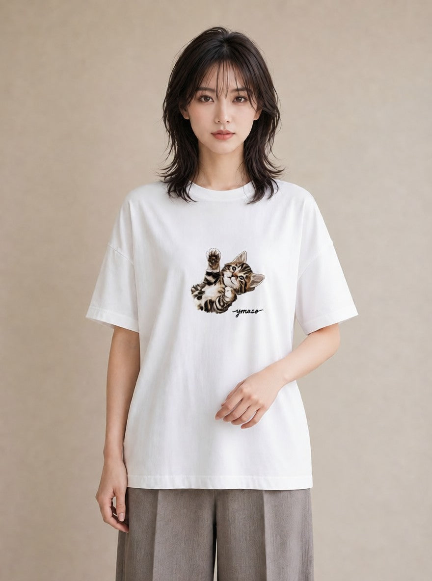 半袖Tシャツ レディース ベンガル 猫 ねこ イラスト きれいめ 誕生日プレゼント 綿100 白T YMAZO
