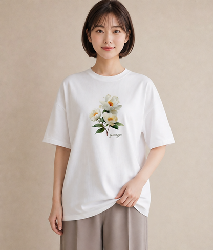 Tシャツ レディース 牡丹 花 花柄 イラスト モード デート 帰省 白T
