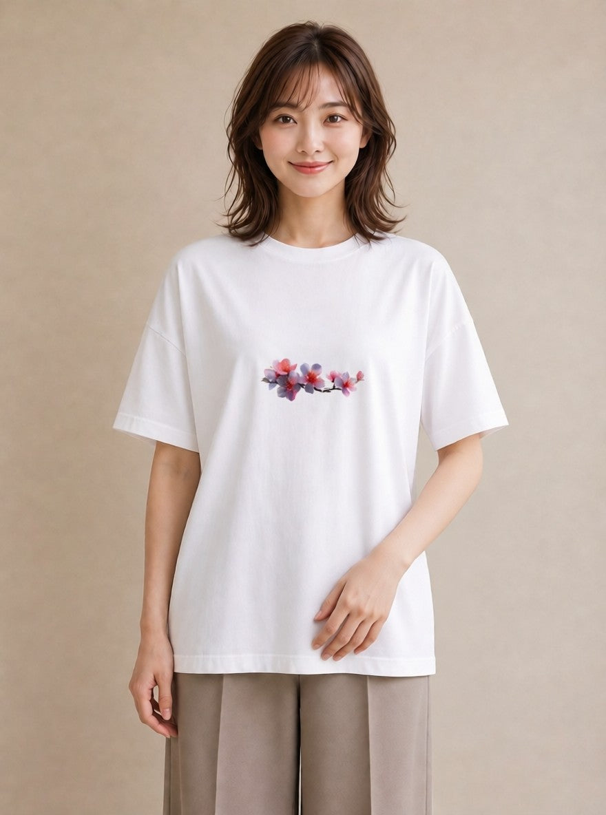 半袖Tシャツ レディース 花 花柄 イラスト 上品 社会人 女性 白T