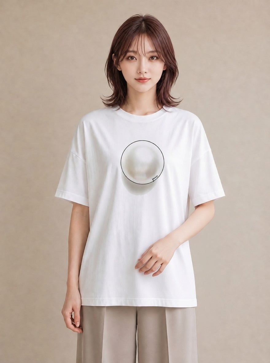 グラフィックTシャツ レディース パールピアス アクセサリー ナチュラル アンティーク イラスト ゆるコーデ 社会人 女性 白T YMAZO
