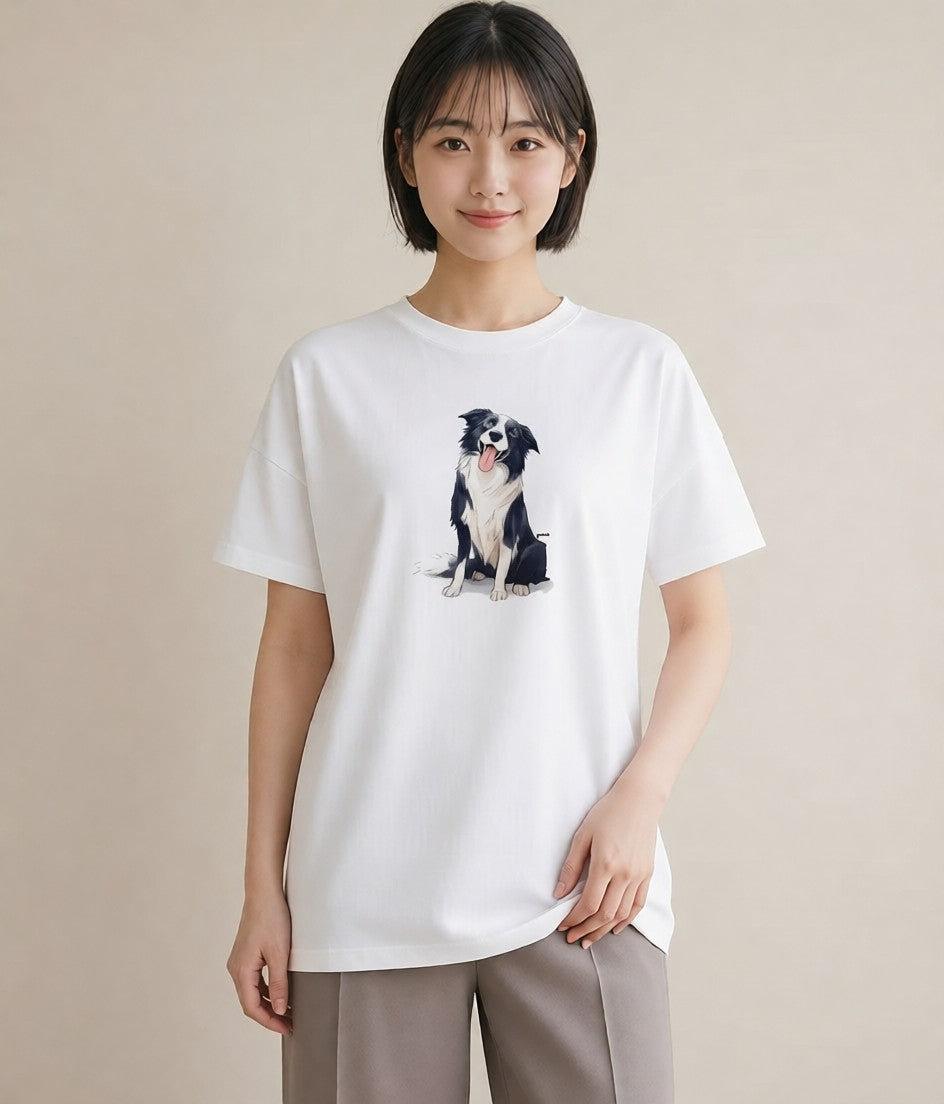プリントTシャツ レディース ボーダーコリー 犬 いぬ イラスト ヴィンテージ風 お出かけ 普段着 白T YMAZO