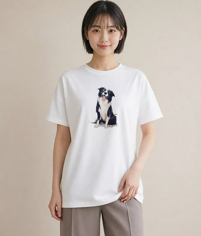 プリントTシャツ レディース ボーダーコリー 犬 いぬ イラスト ヴィンテージ風 お出かけ 普段着 白T YMAZO