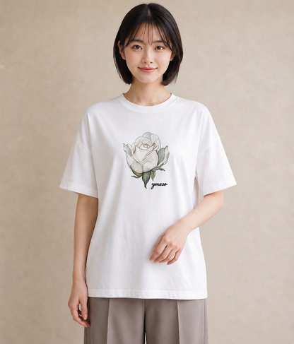 半袖Tシャツ レディース 椿 花 花柄 イラスト 上品 誕生日プレゼント 綿100 白T