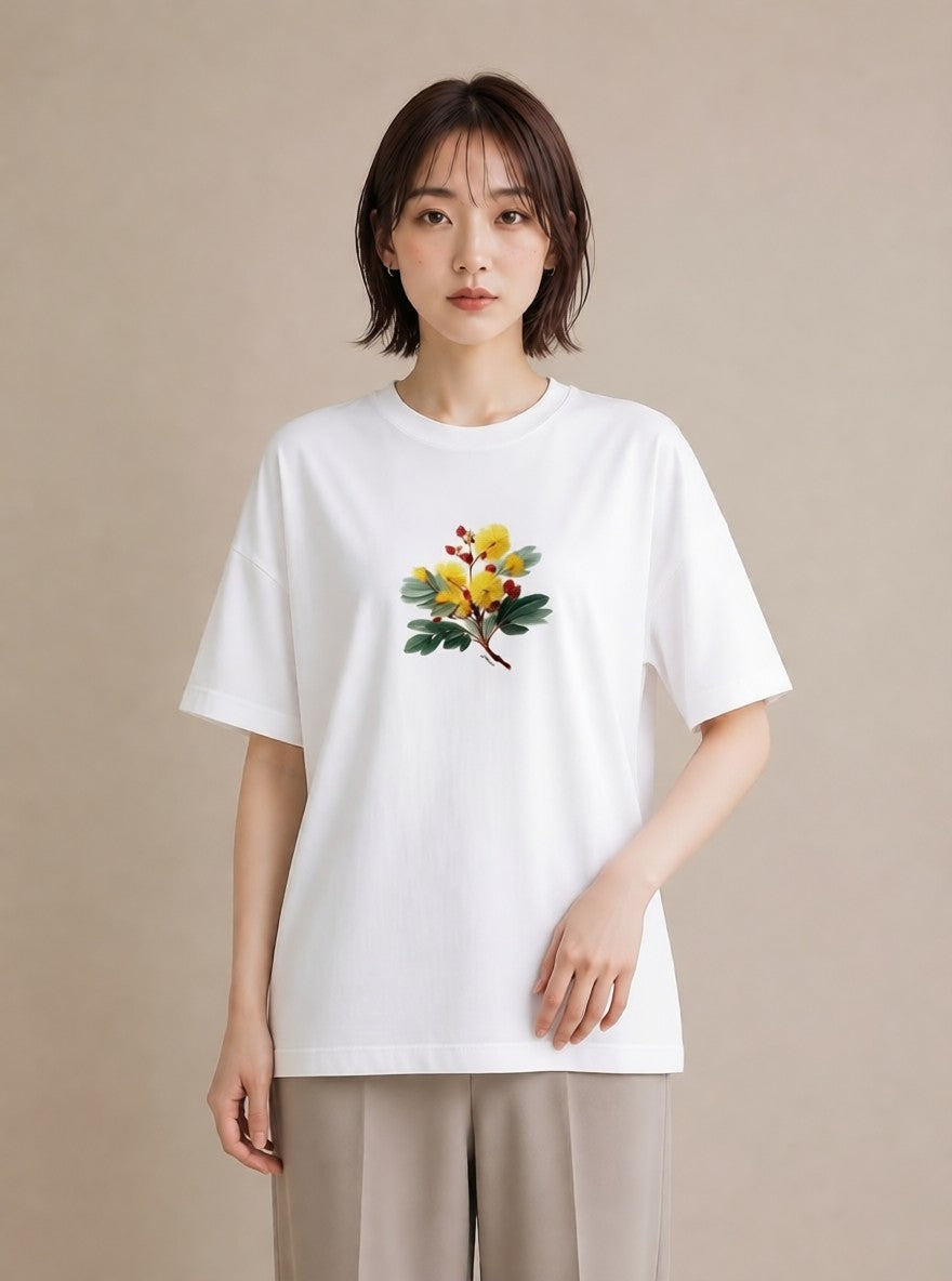 プリントTシャツ レディース ミモザ 花 花柄 イラスト ラフカジュアル カフェ服 クリスマス 白T