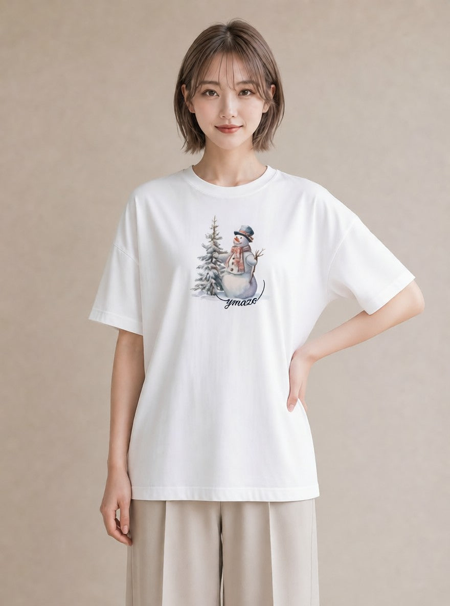 半袖Tシャツ レディース 雪 星空 宇宙 イラスト 個性的 ペアコーデ 秋コーデ 白T YMAZO