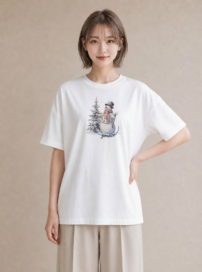 半袖Tシャツ レディース 雪 星空 宇宙 イラスト 個性的 ペアコーデ 秋コーデ 白T YMAZO