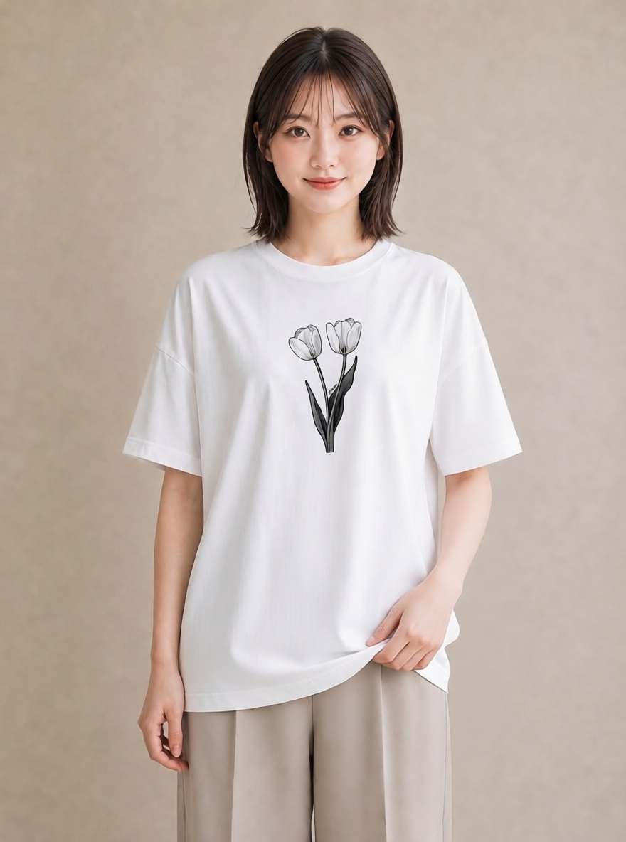 グラフィックTシャツ レディース チューリップ 花 花柄 イラスト 韓国風 誕生日プレゼント 綿100 白T