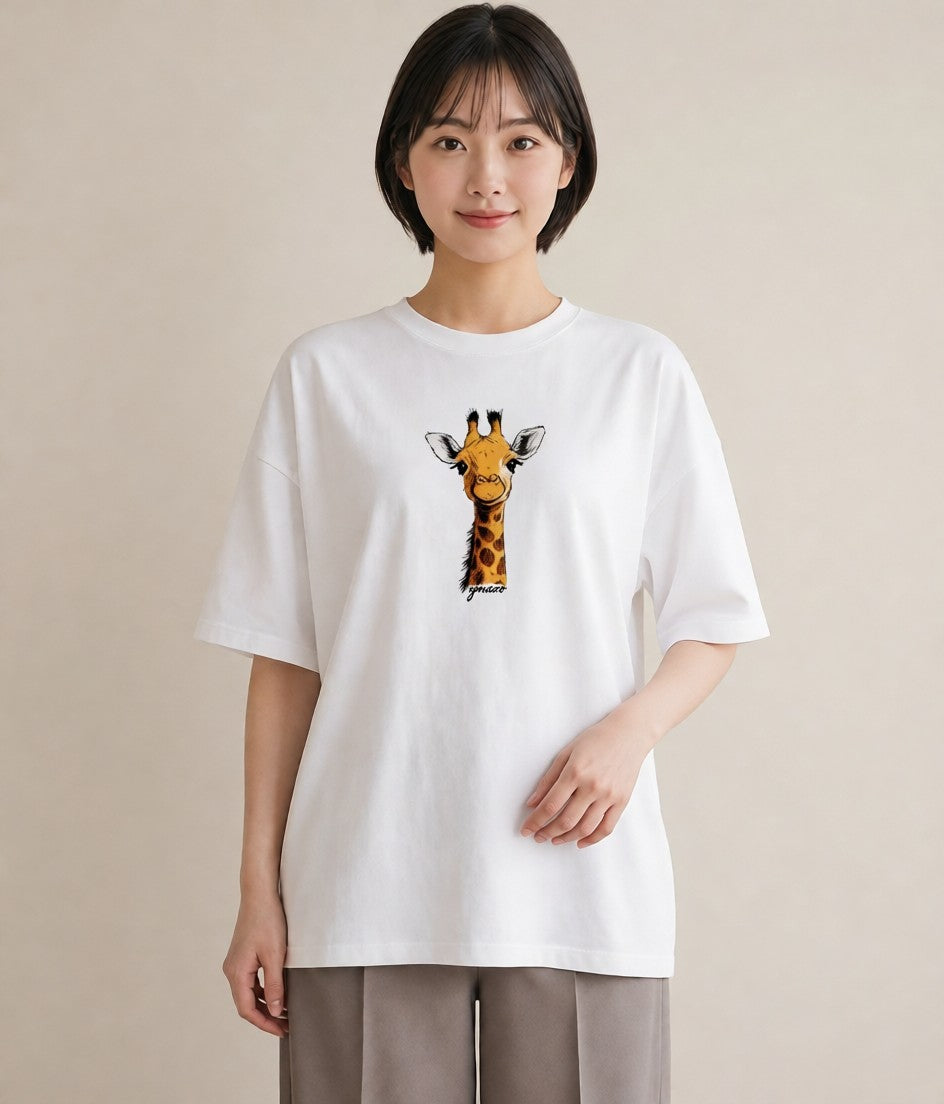 Tシャツ レディース きりん 動物 アニマル イラスト ヴィンテージ風 春服 ミセス 白T YMAZO