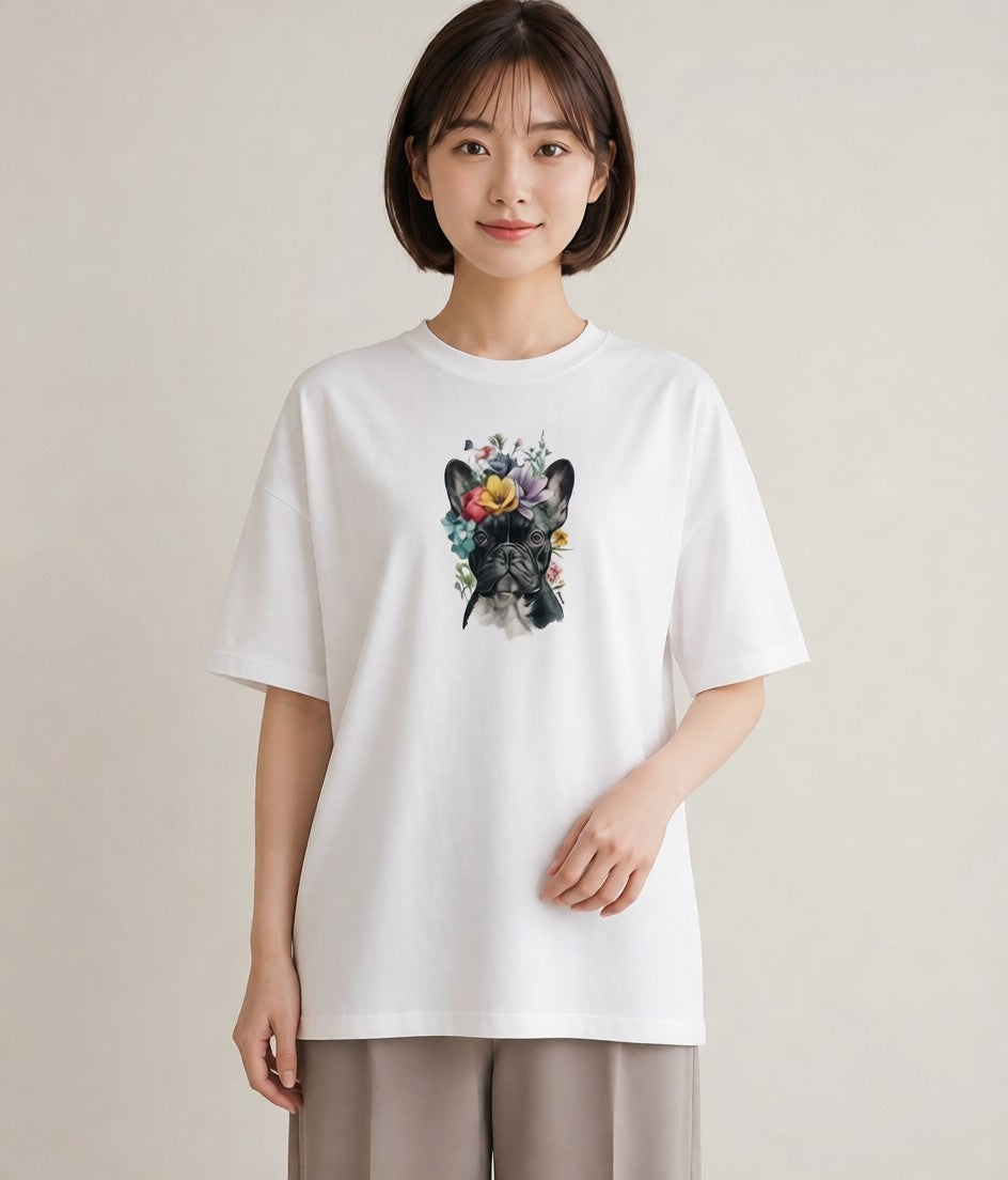 デザインTシャツ レディース フレンチブルドッグ フレブル 犬 いぬ イラスト カフェ服 クリスマス 白T YMAZO