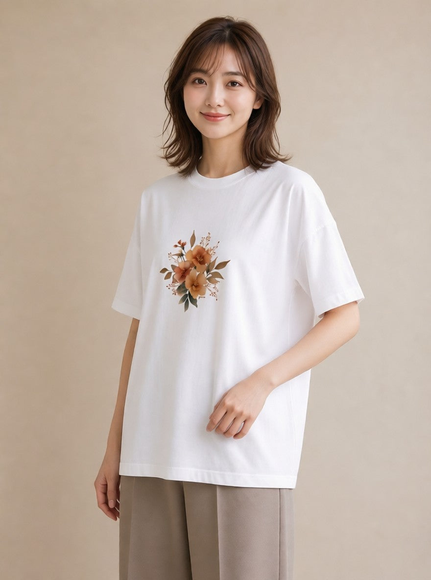 Tシャツ レディース 花 花柄 イラスト カフェコーデ 海 カフェ巡り 白T YMAZO