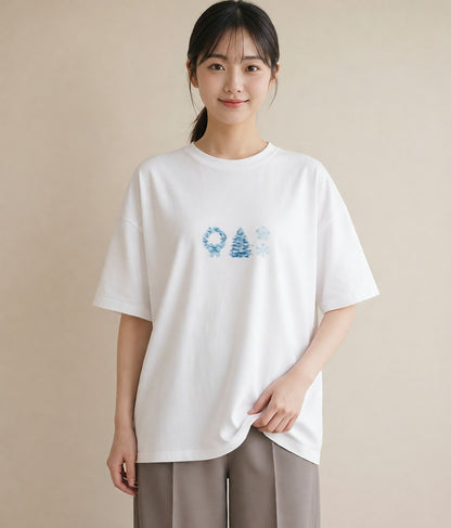 Tシャツ レディース 雪の結晶 星空 宇宙 イラスト 上品 散歩 お出かけ 白T YMAZO