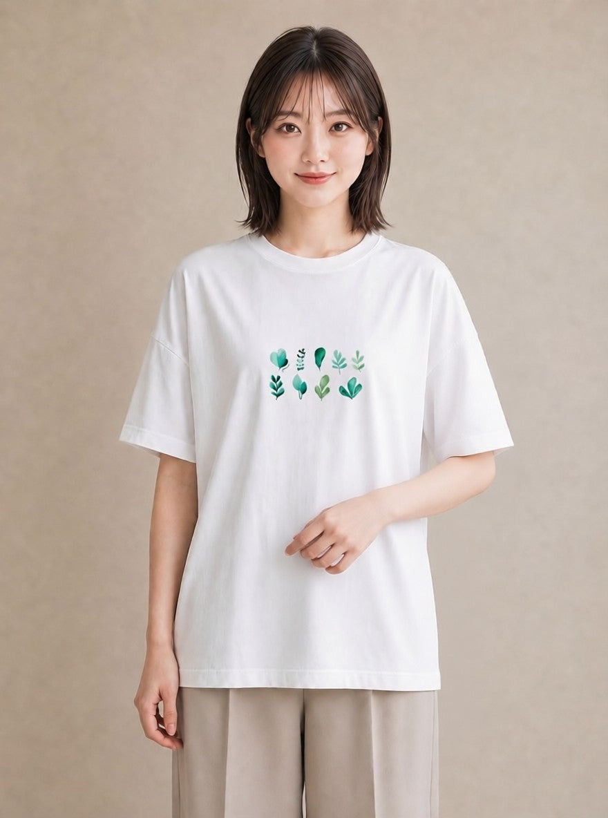 半袖Tシャツ レディース シダ 植物 ボタニカル イラスト カフェコーデ ラフ レイヤード 白T YMAZO