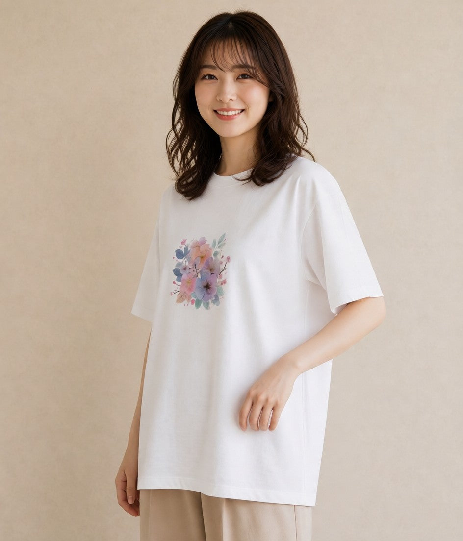 グラフィックTシャツ レディース 椿 花 花柄 イラスト ラフ 散歩 お出かけ 白T YMAZO