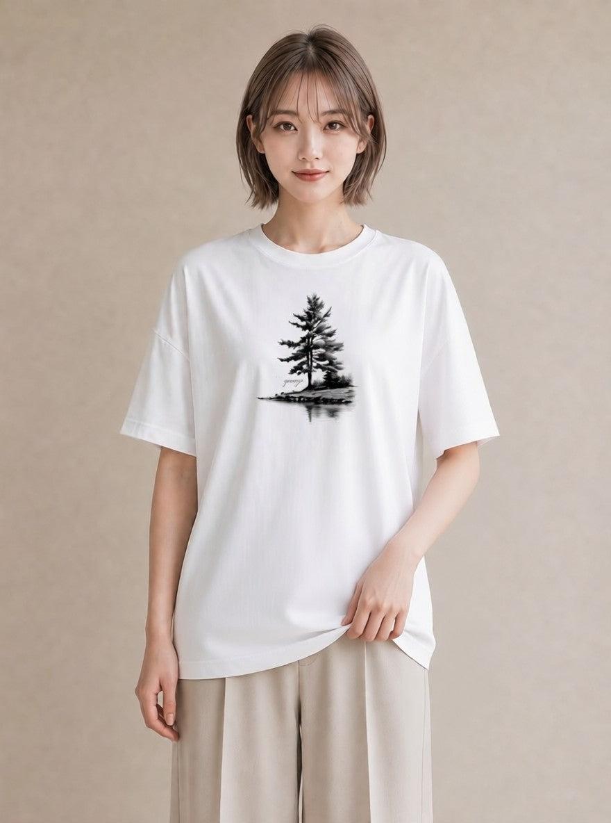 半袖Tシャツ レディース 桟橋 水辺 波止場 ナチュラル アンティーク イラスト ガーリー 散歩 お出かけ 白T YMAZO