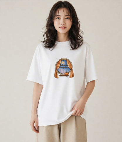 プリントTシャツ レディース 灯りの家 小屋 夜 ナチュラル アンティーク イラスト 休日コーデ クリスマス 旅行 白T YMAZO