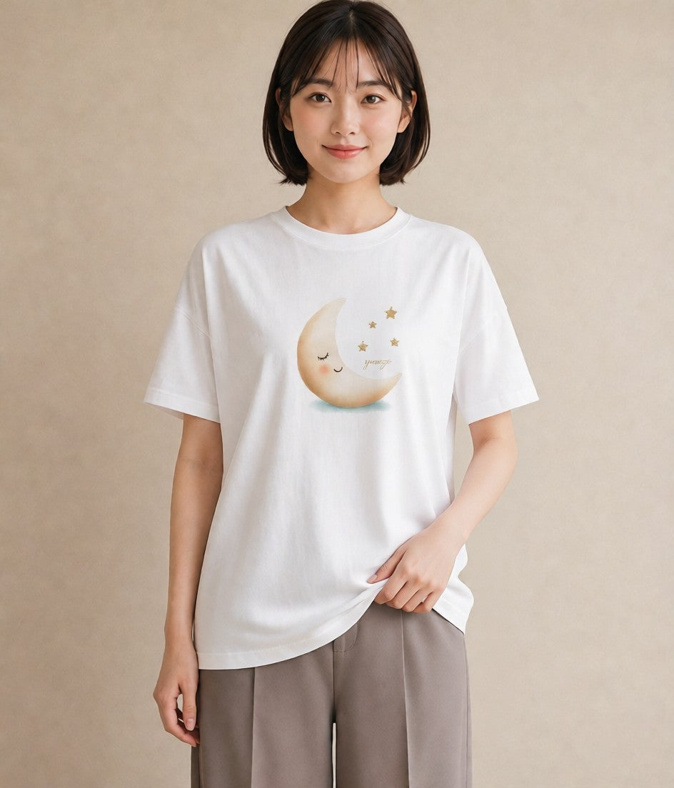 半袖Tシャツ レディース 三日月 星空 宇宙 イラスト モード 夏コーデ 通学 白T YMAZO