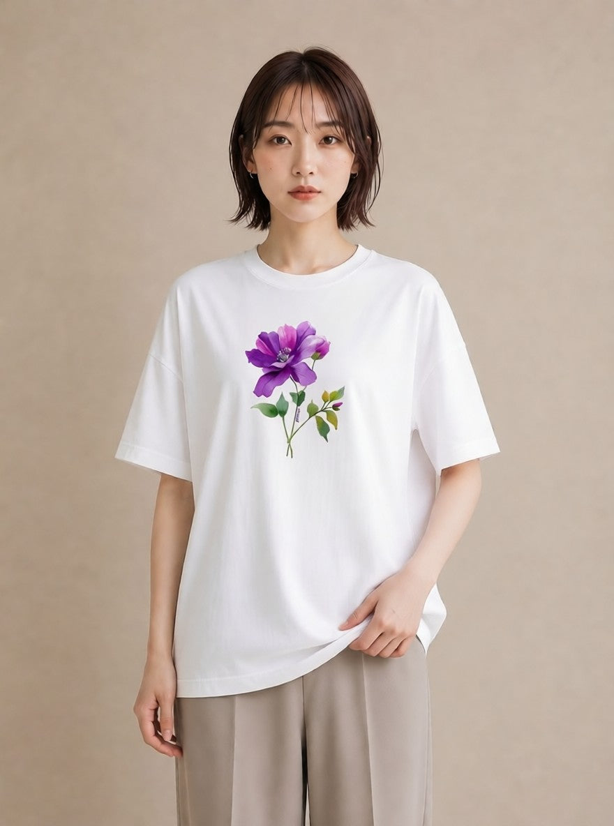 Tシャツ レディース パンジー 花 花柄 イラスト きれいめカジュアル 休日 ペアコーデ 白T YMAZO