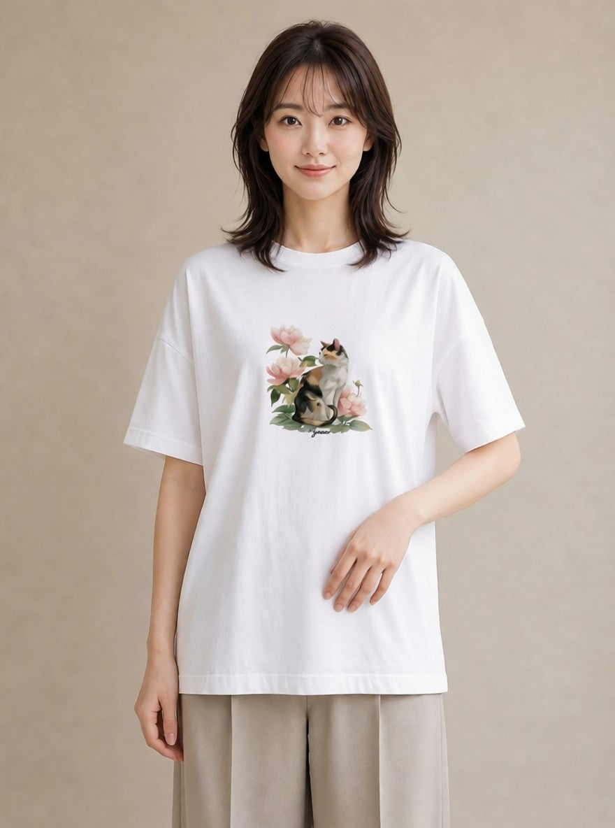 デザインTシャツ レディース 愛猫 猫 ねこ イラスト 線画 おしゃれギフト 社会人 白T YMAZO