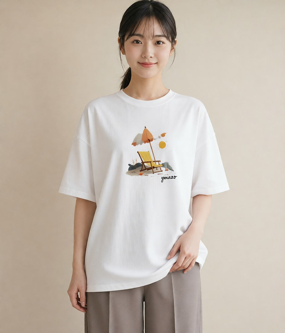 Tシャツ レディース 海 リゾート 夏 イラスト ラフカジュアル お出かけ 普段着 白T YMAZO
