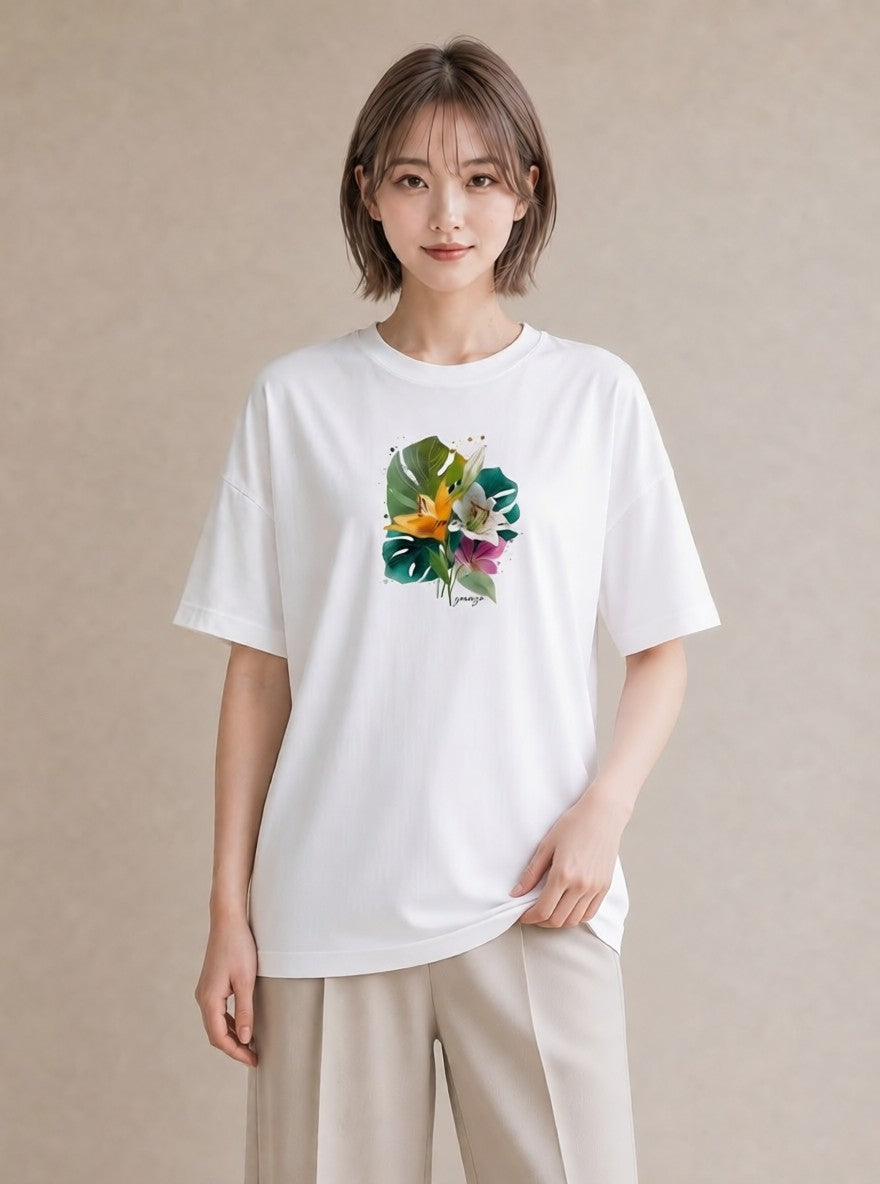 半袖Tシャツ レディース ゆり 百合 花 花柄 イラスト ニュアンス ラフ レイヤード 白T YMAZO