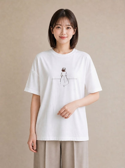 デザインTシャツ レディース 女の子 ガール 後ろ姿 イラスト 個性的 散歩 お出かけ 白T YMAZO