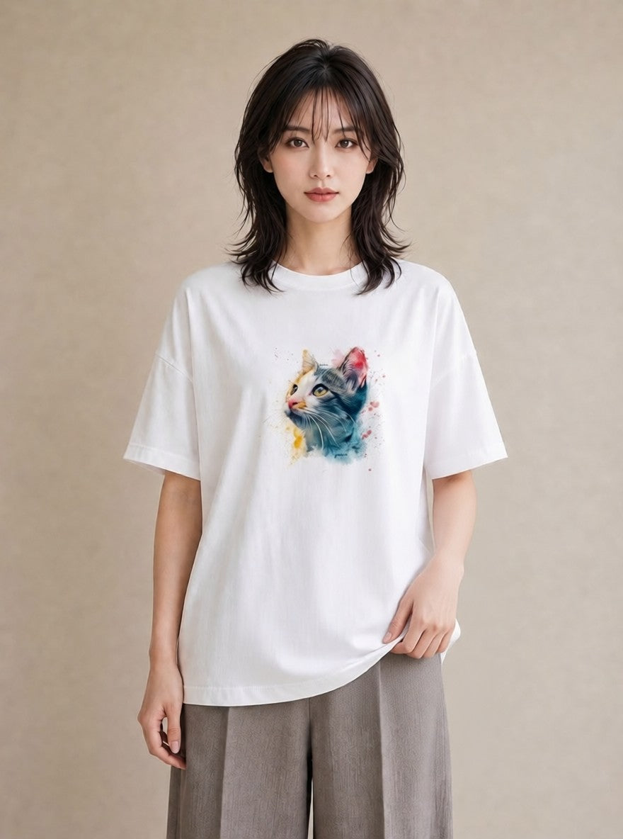 Tシャツ レディース ぶち猫 猫 ねこ イラスト 水彩風 お揃い 親子 白T YMAZO