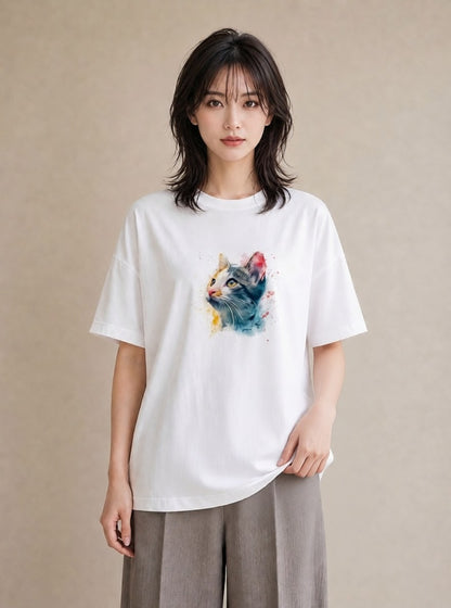 Tシャツ レディース ぶち猫 猫 ねこ イラスト 水彩風 お揃い 親子 白T YMAZO
