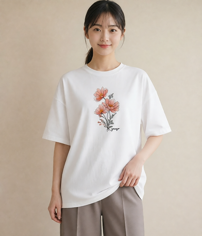デザインTシャツ レディース コスモス 秋桜 花 花柄 イラスト 水彩風 姉妹 送別ギフト 白T