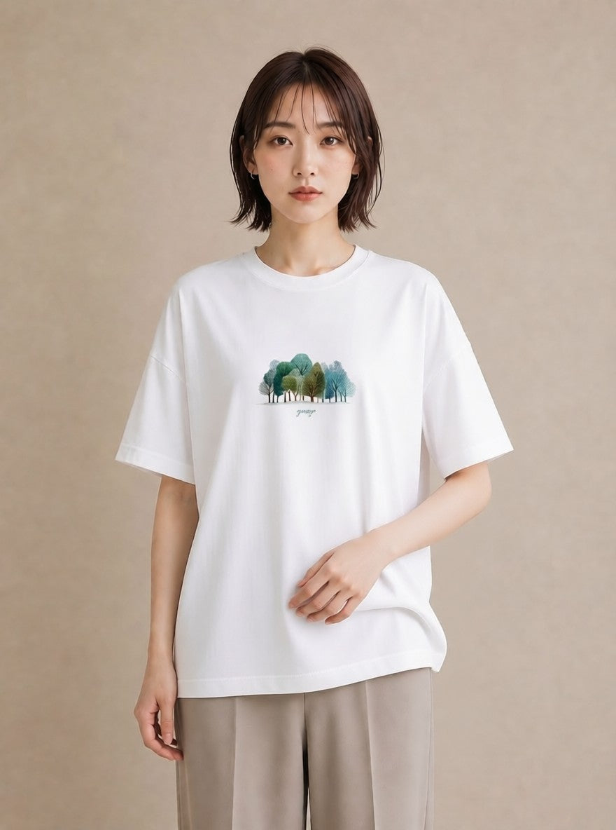 Tシャツ レディース 青の水彩 風景 ブルー ナチュラル アンティーク イラスト アート風 誕生日プレゼント 綿100 白T YMAZO