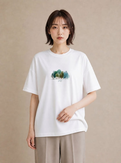 Tシャツ レディース 青の水彩 風景 ブルー ナチュラル アンティーク イラスト アート風 誕生日プレゼント 綿100 白T YMAZO