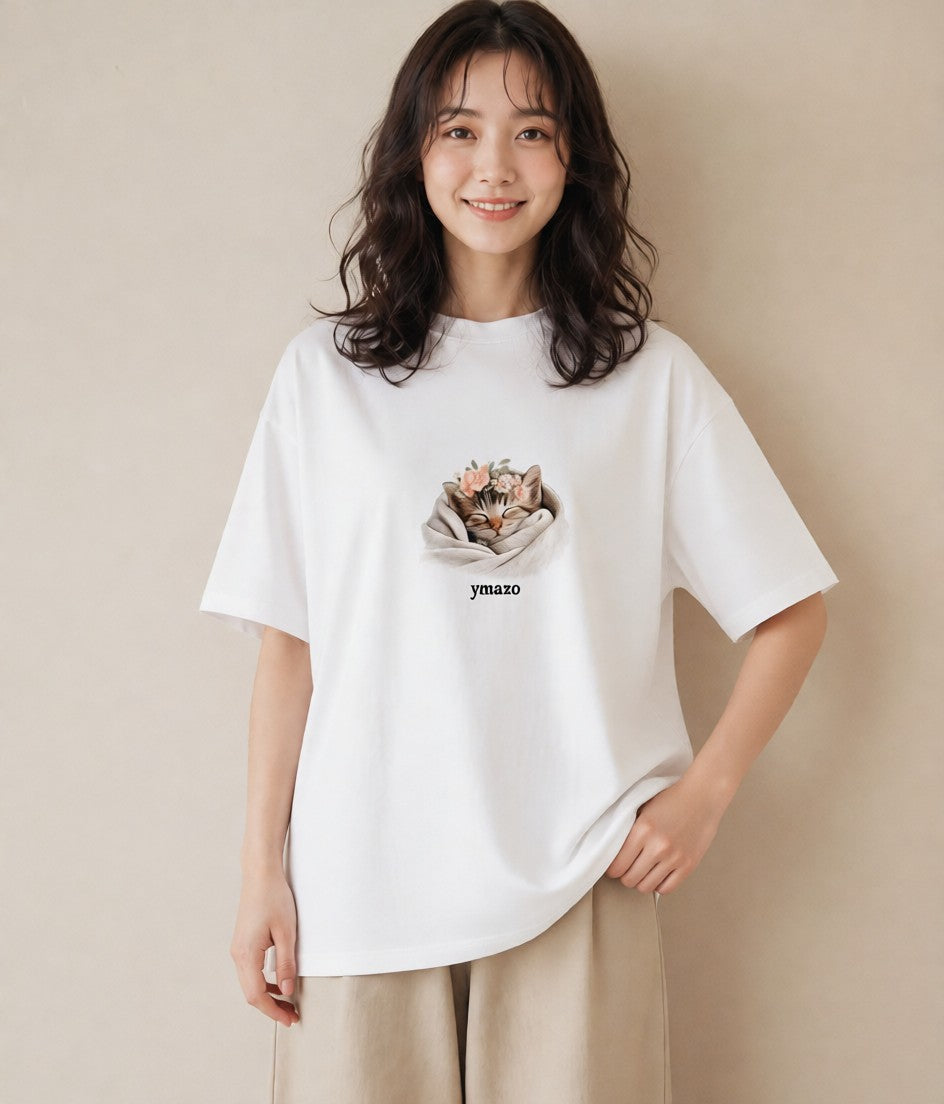 グラフィックTシャツ レディース 子猫 猫 ねこ イラスト 抜け感 親子 20代 白T YMAZO