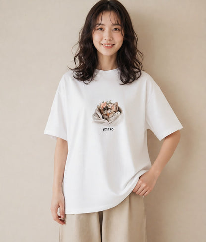 グラフィックTシャツ レディース 子猫 猫 ねこ イラスト 抜け感 親子 20代 白T YMAZO