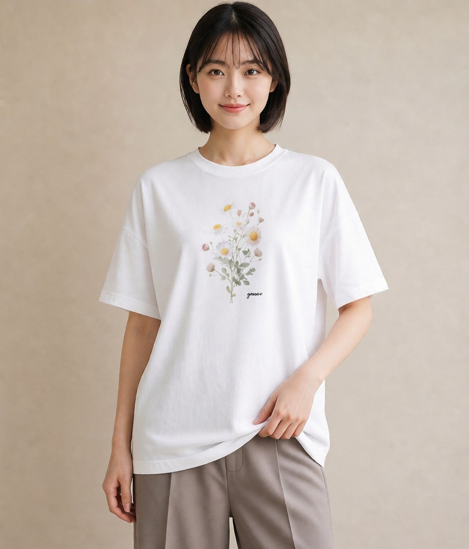 半袖Tシャツ レディース デイジー 花 花柄 イラスト ヴィンテージ風 部屋着 女性向けギフト 白T YMAZO