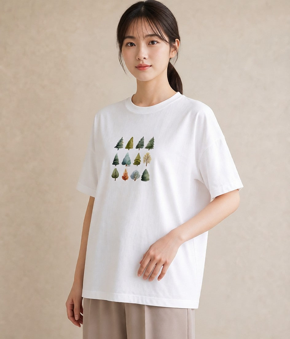 グラフィックTシャツ レディース 森 植物 ボタニカル イラスト 淡色 ミセス 春コーデ 白T YMAZO