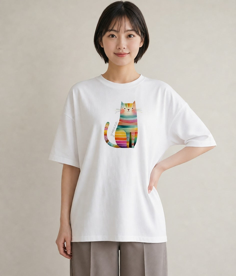 Tシャツ レディース 猫 ねこ イラスト カジュアル ミセス 春コーデ 白T YMAZO