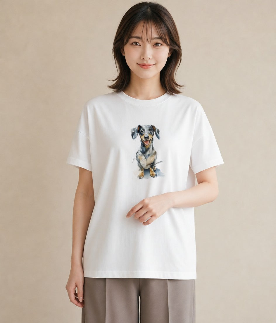 Tシャツ レディース ミニチュアダックスフンド 犬 いぬ イラスト 可愛い ギフト 母の日 白T YMAZO
