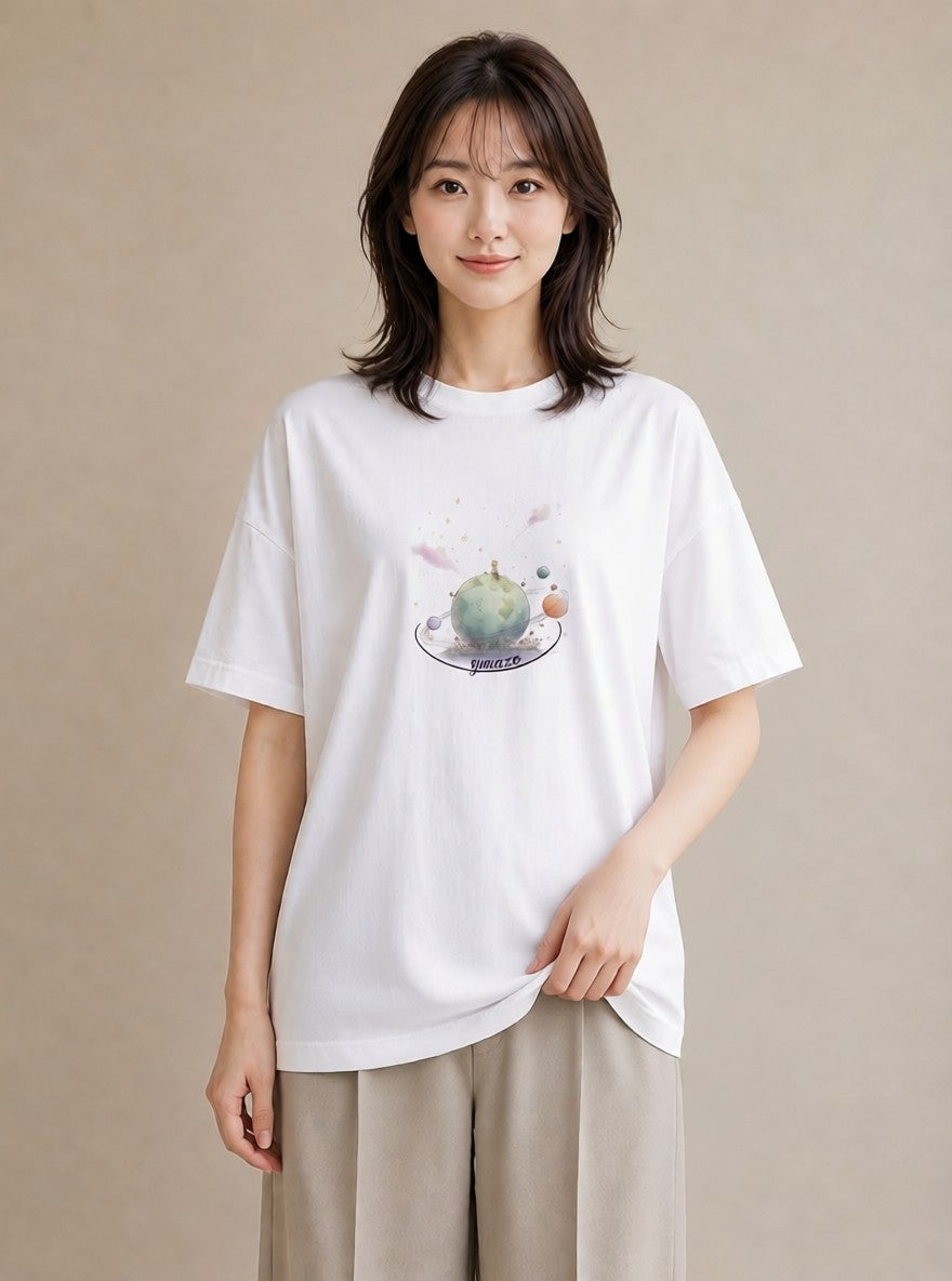 デザインTシャツ レディース プラネット 星空 宇宙 イラスト ナチュラル 買い物 夏コーデ 白T YMAZO